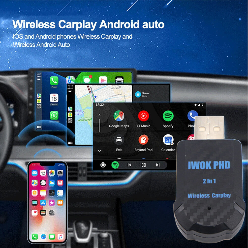 2-in-1 Wireless CarPlay Bluetooth for Apple iOS and Android Auto for Smart USB Type-C