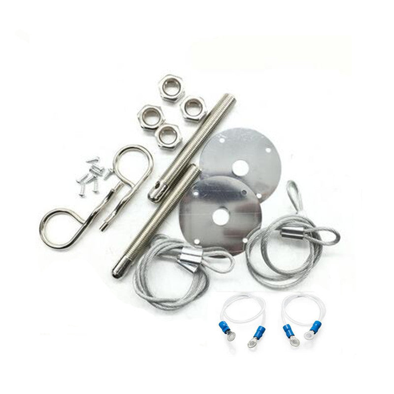 Car Silver 3/16 Hair Pin Style Hood Cover Set With Lanyards Muscle Lock Studs