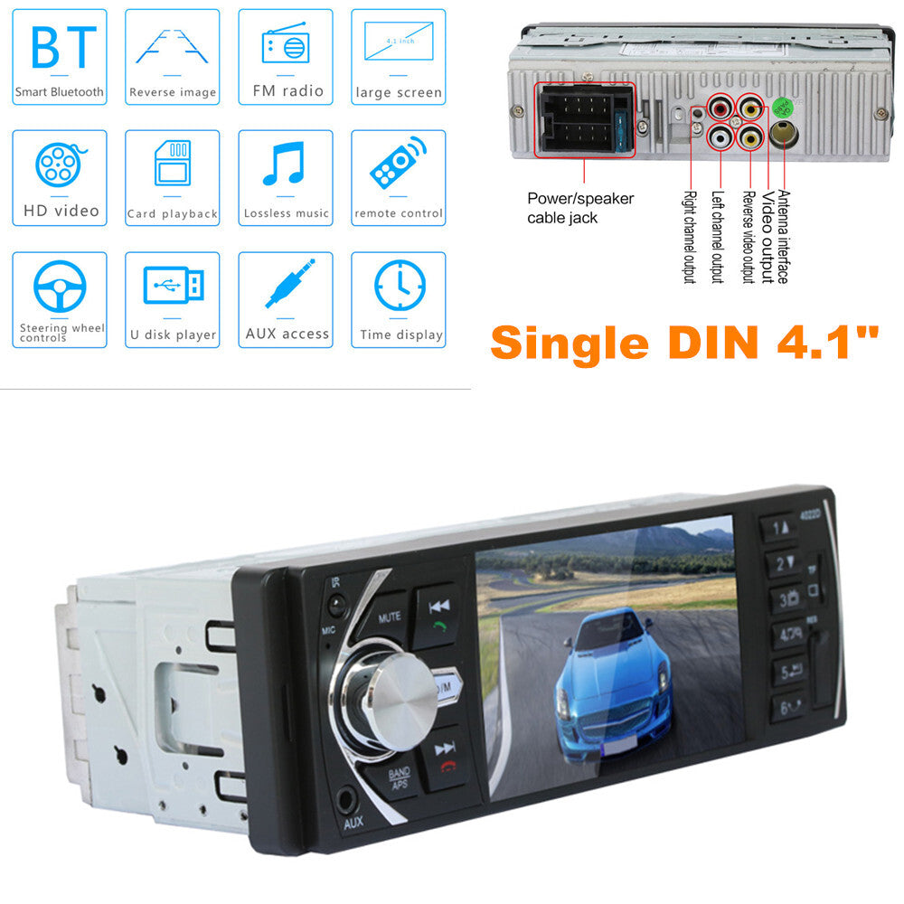 Single DIN 4.1-inch Car Stereo Bluetooth MP5 Player FM Radio Receiver AUX USB Audio - n