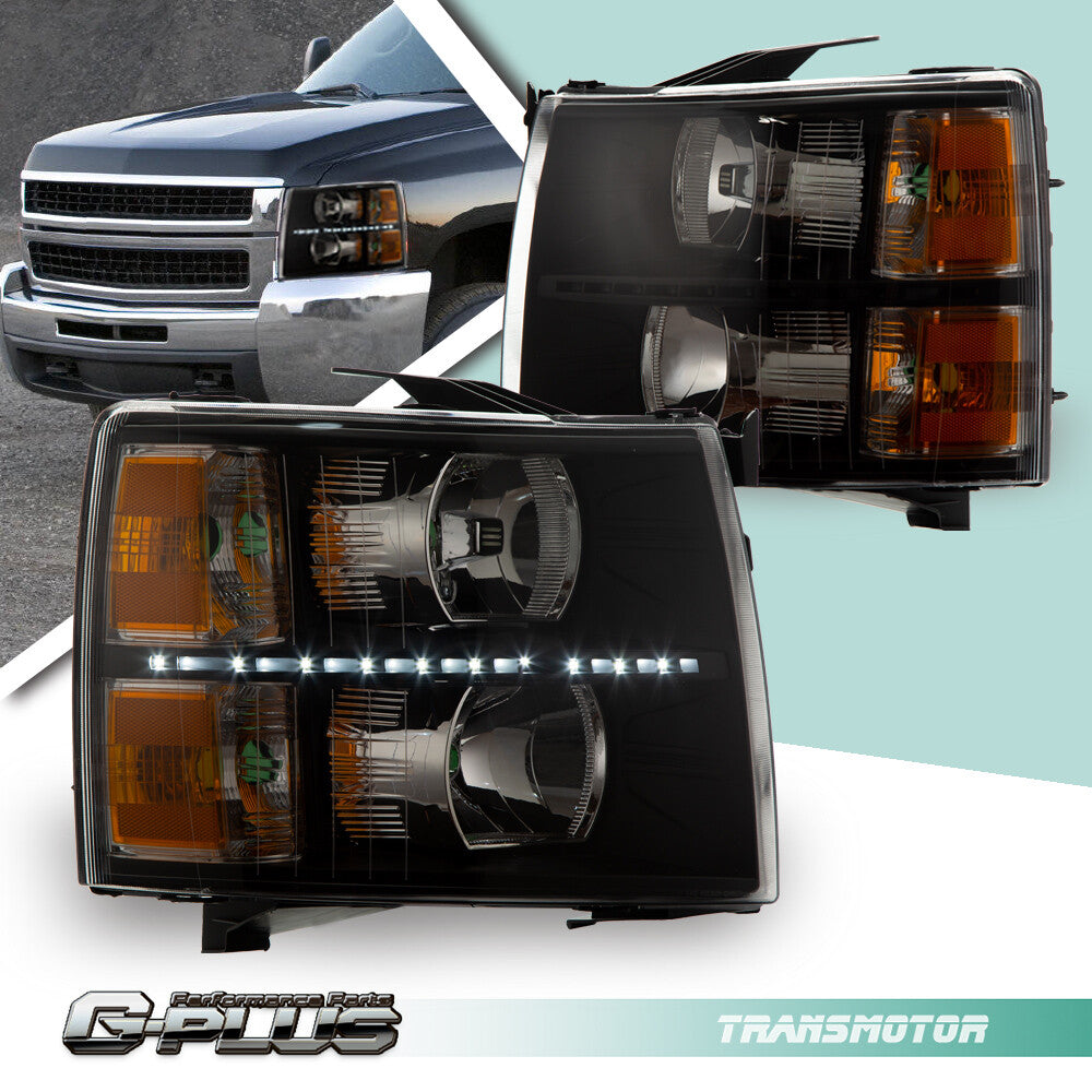 Fits 2007 - 2014 for Silverado LED DRL Black Housing Headlight Amber Corner - v