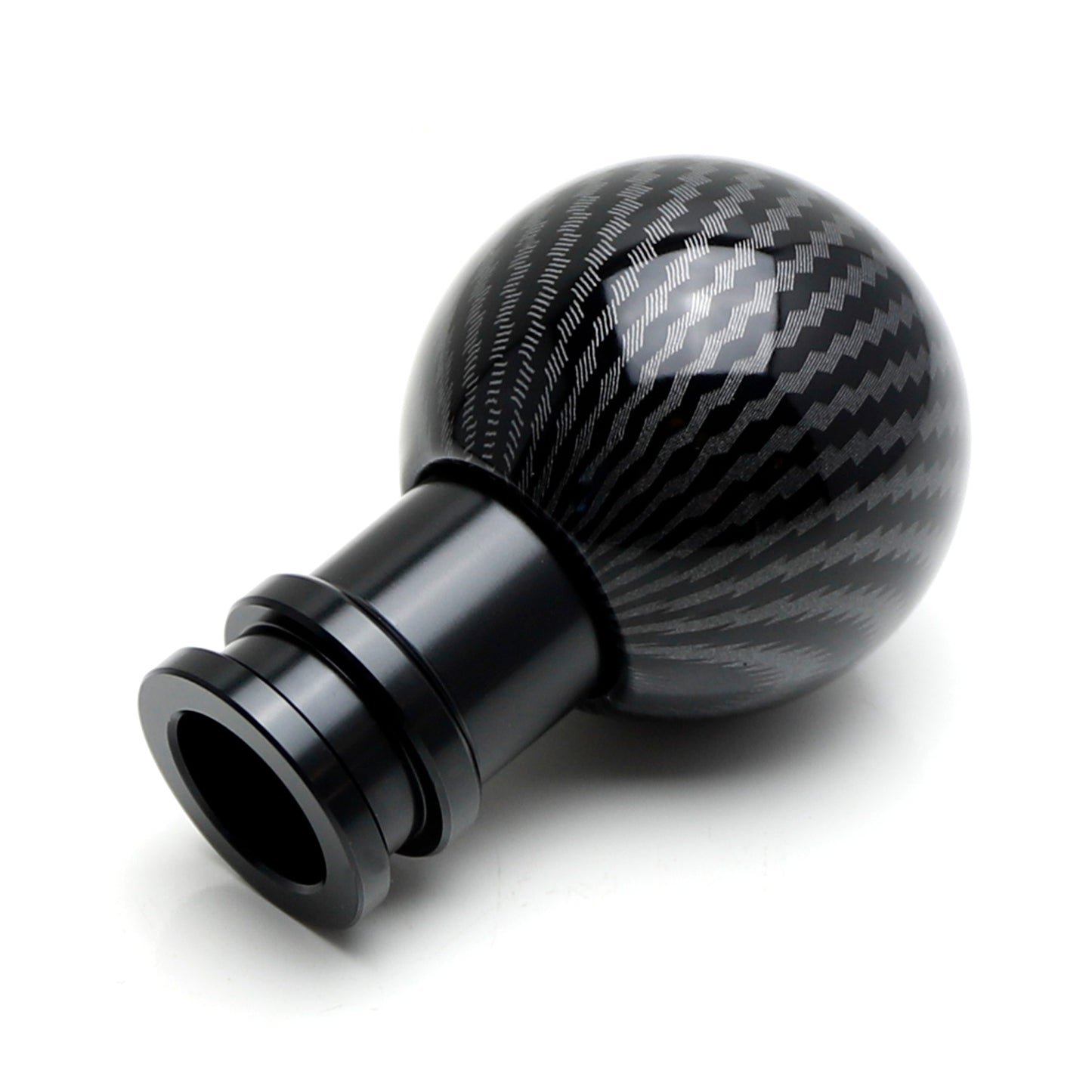 Carbon fiber patterned ball gear shifter with black base, universally compatible with 5-6 speeds. n