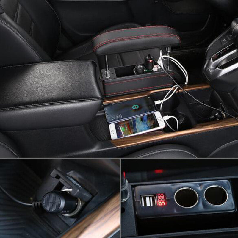 Adjustable leather driver's armrest storage box with USB charging - n