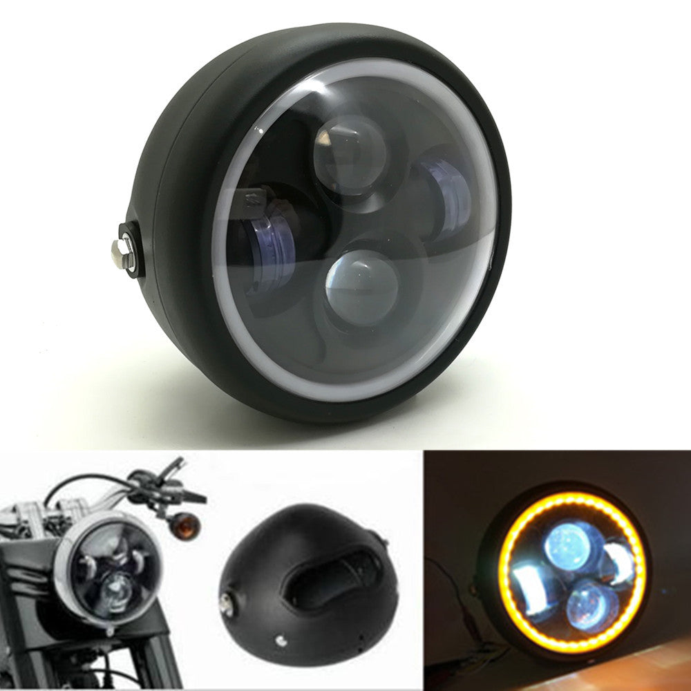 Black Metal Amber Angel Eye LED Headlight for Harley Bobber Custom Q