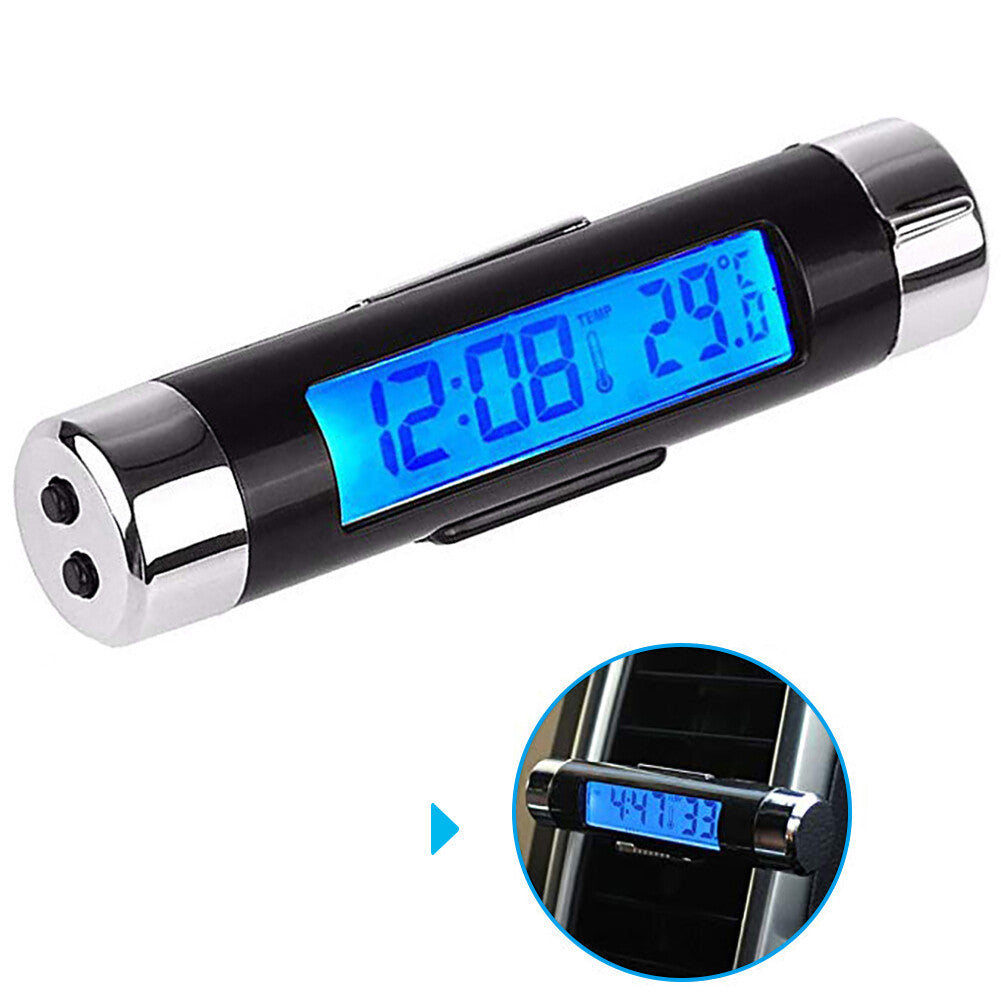 Car Clock Thermometer Barrel Shaped LCD Display Air Vent Clip On LED Car Digital