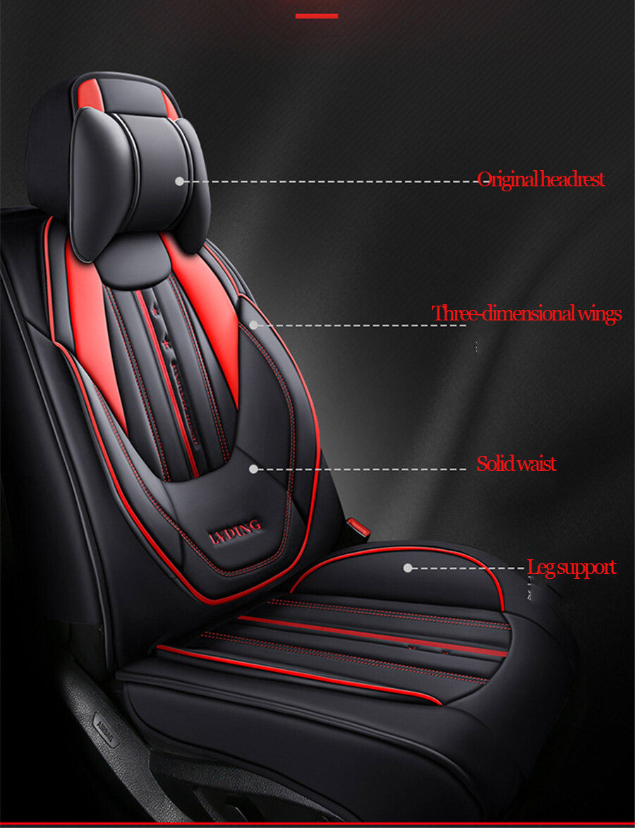 Black+Red PU Leather 5-Seats Car Front  Rear Cushion Set for Seat Cover w/ Headrest Q