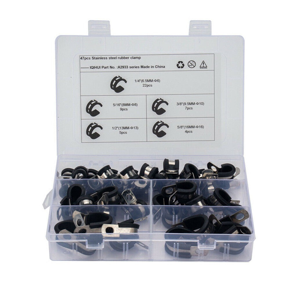 74pcs Stainless Steel Rubber Lined P Clips Car Wiring Hose Clamp Pipe Cable Kit n
