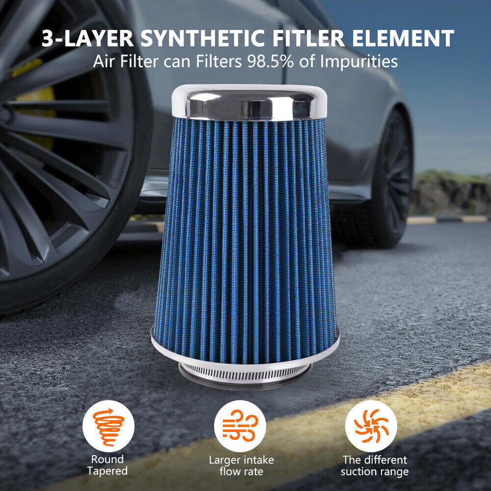 Blue Universal Clamp On Cone High Flow Air Intake Filter 9Tall 3 3.5 4 Inlet Q