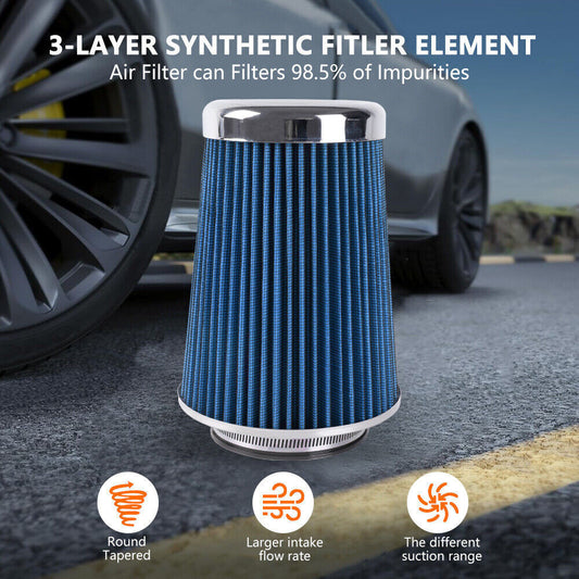 Blue Universal Clamp On Cone High Flow Air Intake Filter 9Tall 3 3.5 4 Inlet Q