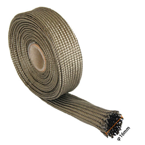 3/5-inch ID x 10-foot titanium fiberglass heat shield for automotive engine wiring harnesses.