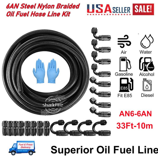 6AN 33ft Premium Oil Fuel Hose Kit - 6AN Steel Nylon Braided Oil Fuel Hose Kit