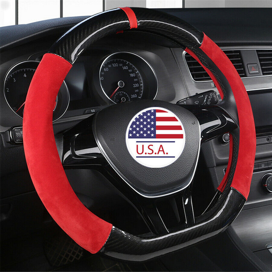 38cm Car Steering Wheel Cover Trim Deluxe Black Red Glossy Carbon Fiber+Leather Q
