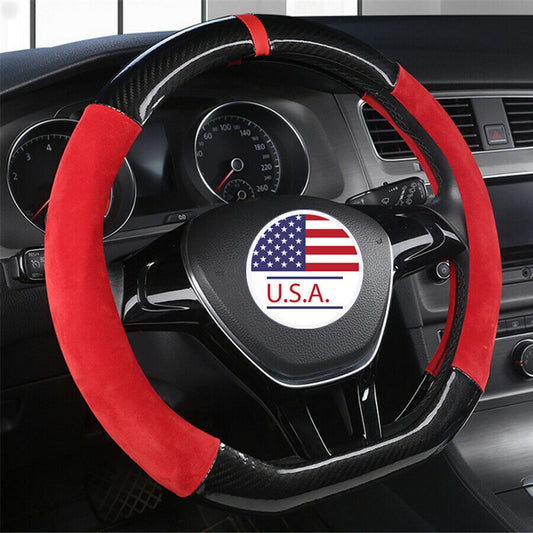 38cm Car Steering Wheel Cover Trim Deluxe Black Red Glossy Carbon Fiber+Leather Q