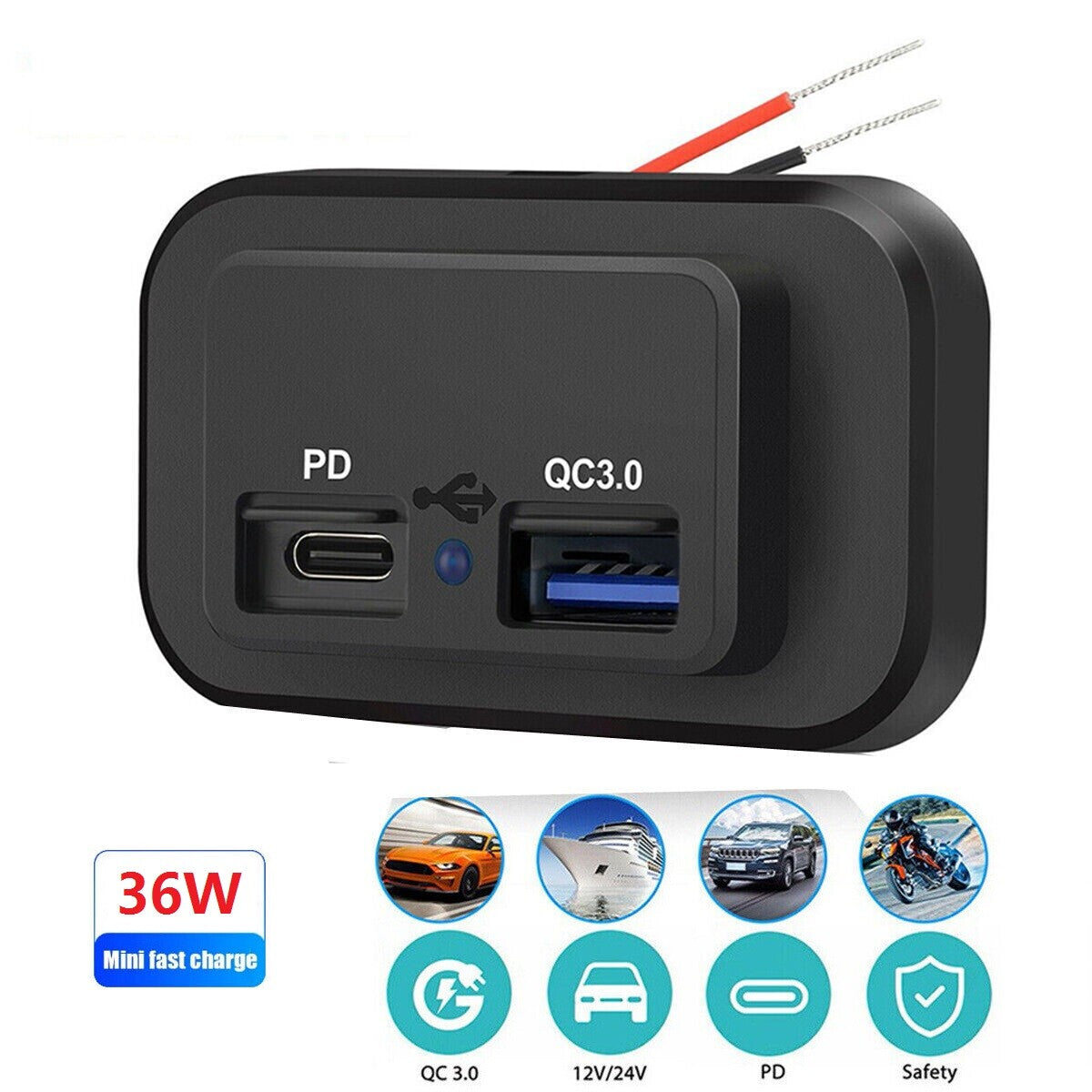 Dual mobile phone fast charger adapter with PD, Type-C, USB, QC 3.0 port, car and truck accessories.