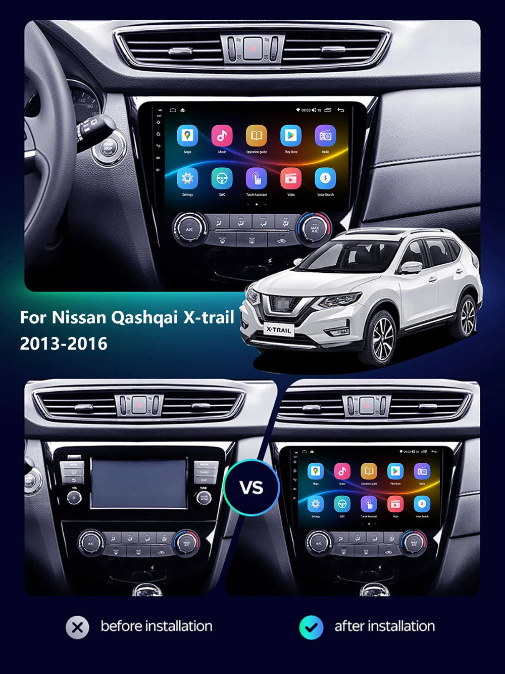 Car Stereo Radio for Nissan Qashqai Xtrail 2013-2016 Android CarPlay GPS Screen