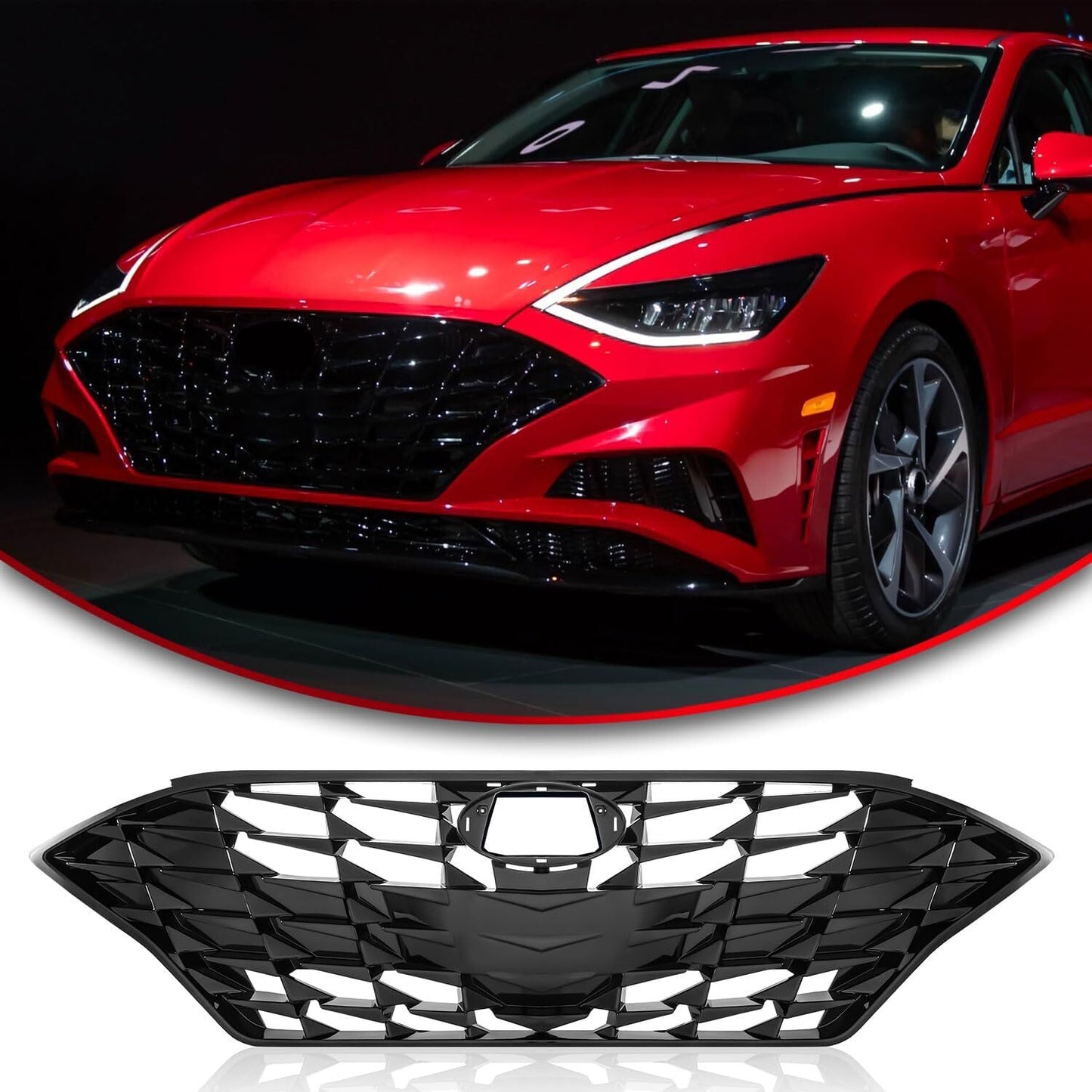 W/O Sensor Hole Front Upper Grille for Hyundai Sonata 2020-2023 Gloss Black n