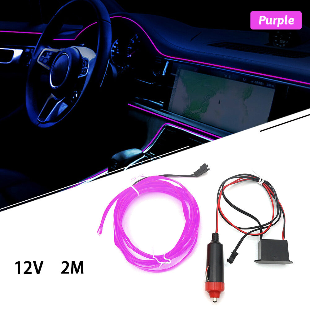 Car Interior LED Neon Lights Decor Atmosphere El Wire String Lamp Purple 12V