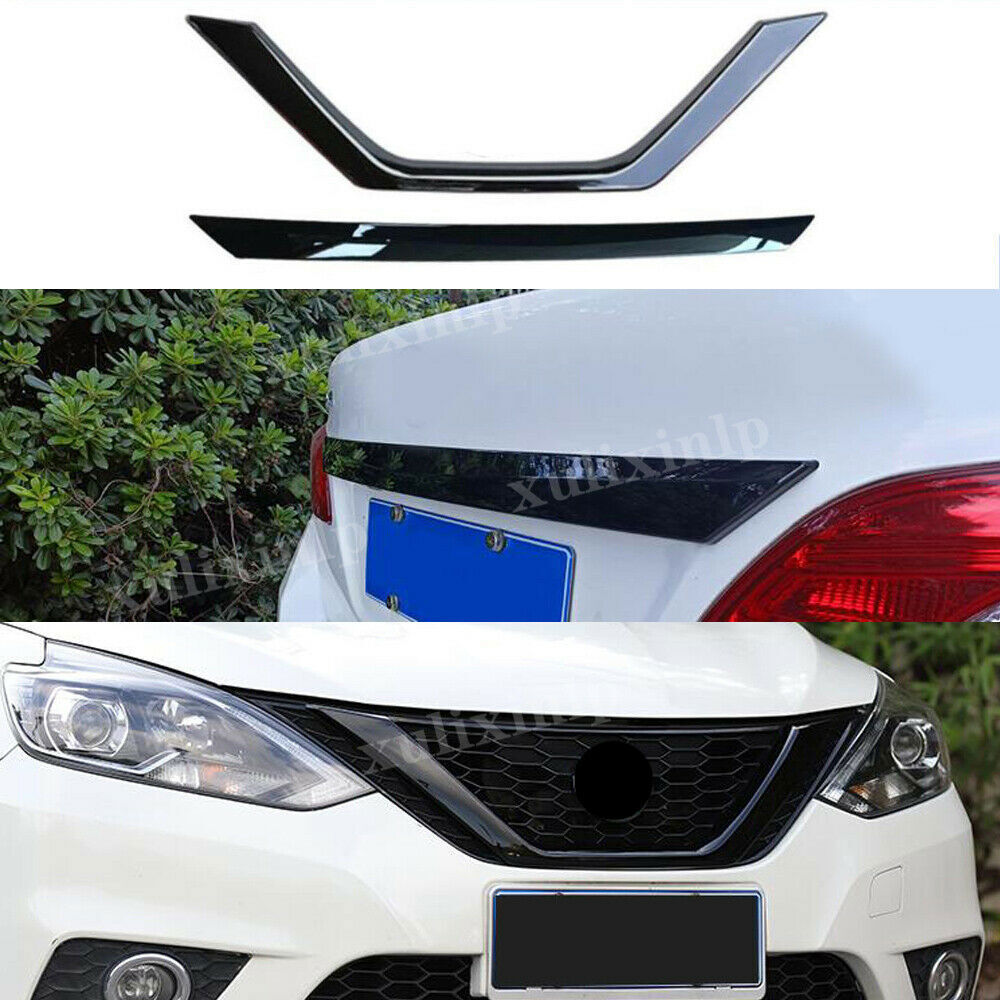 For 2016-2019 for Nissan Sentra Glossy Black Front Grille GrillRear Door Lid Trim2