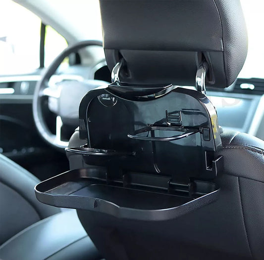 Folding tray beverage holder, rear for seat table tray, phone holder, car storage box