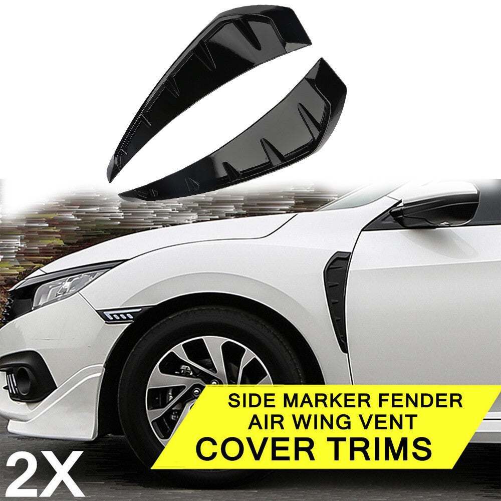 A pair of gloss black automotive exterior side fender vent covers and trim pieces - universal