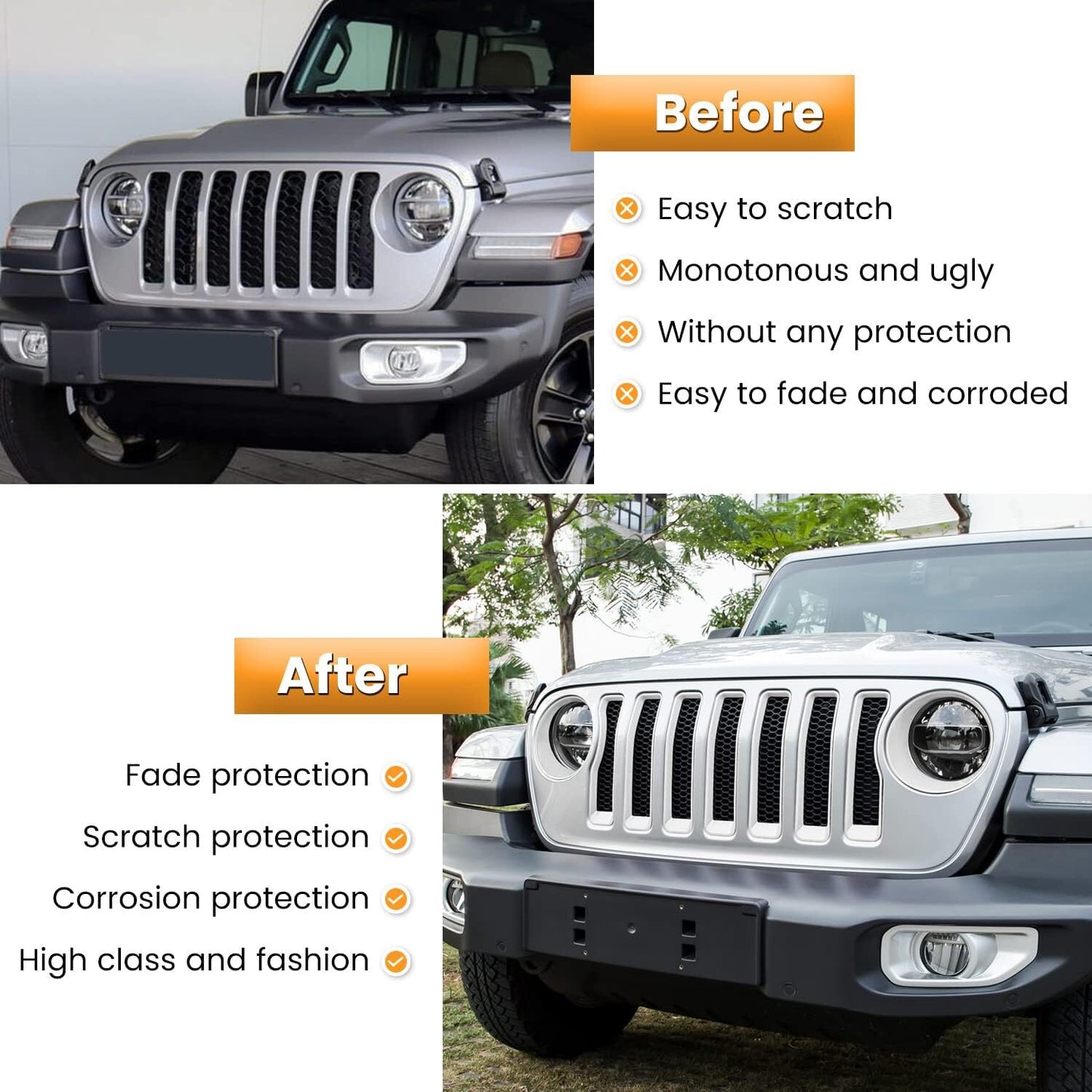 White front grille inserts and headlight trim covers are available on the for Jeep for Wrangler JLU
