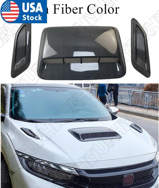 3Pcs Glossy Carbon Fiber Color ABS Car Air Flow Intake Hood Scoop Vent Bonnet