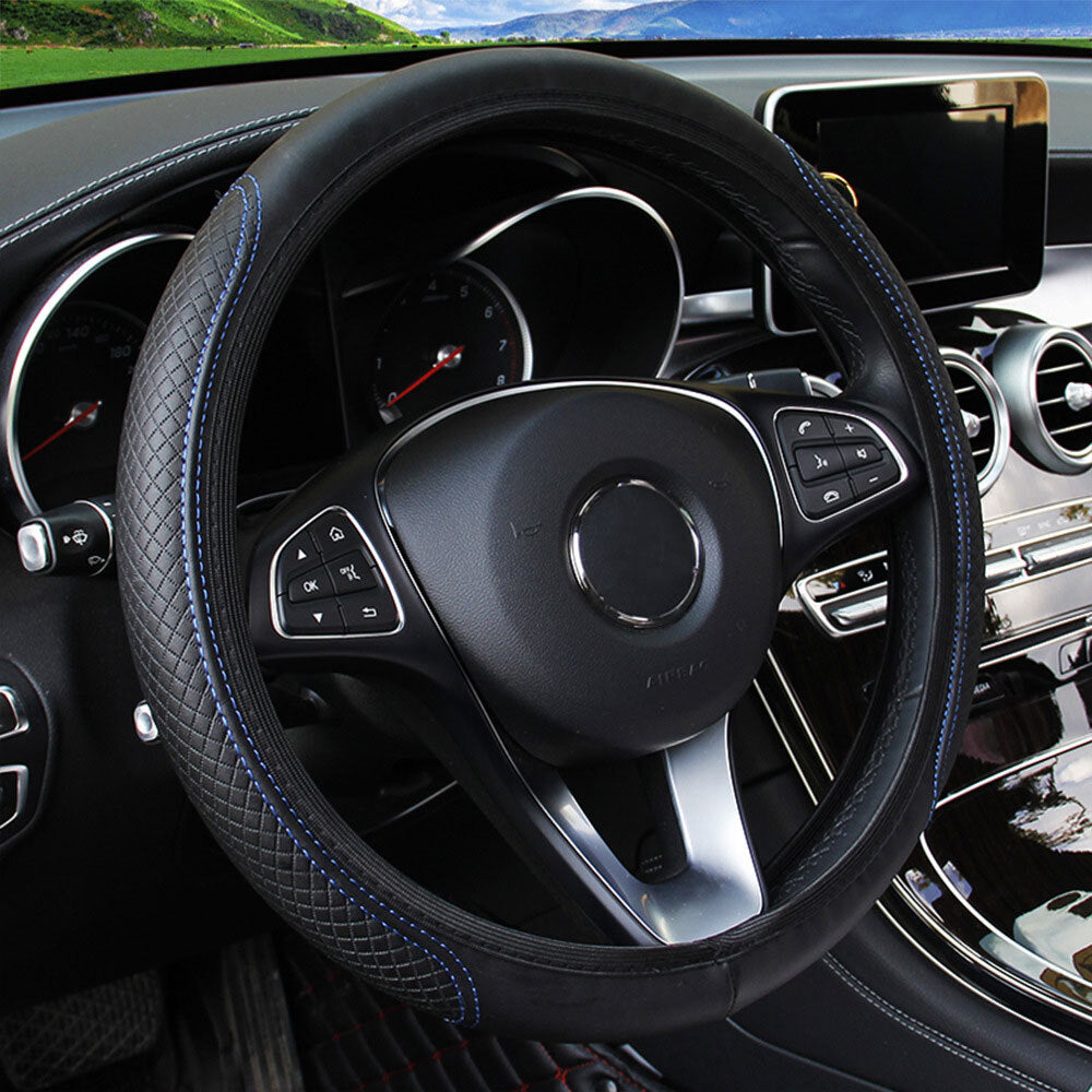 Leather car steering wheel cover for good grip, car accessories, 15-inch, black and blue - n