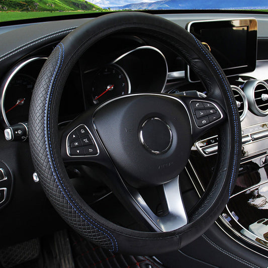 Leather car steering wheel cover for good grip, car accessories, 15-inch, black and blue - n
