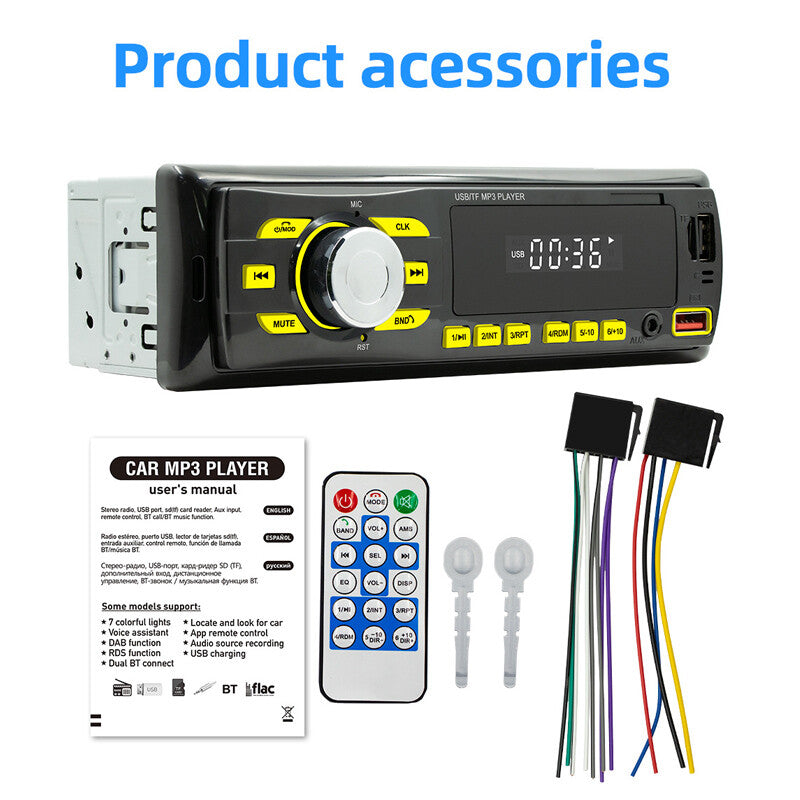 Single DIN car stereo receiver radio with Bluetooth, USB playback, AUX, and voice assistant. n