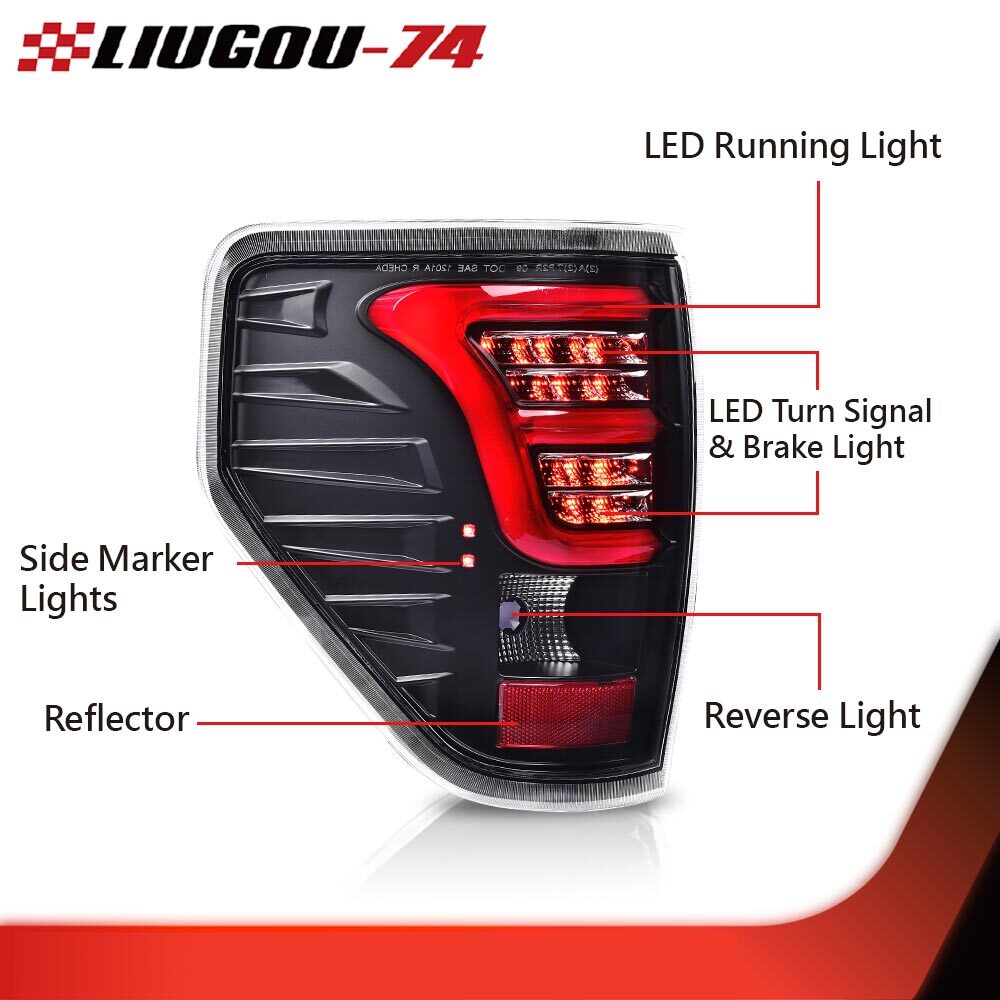 Fits 2009-14 for F150 for CHRome Housing Red LED Tail Light Brake Light - v