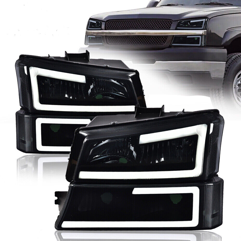 Suitable for 2003-07 Silverado Avalanche LED DRL headlights and bumper lights in smoked/black.