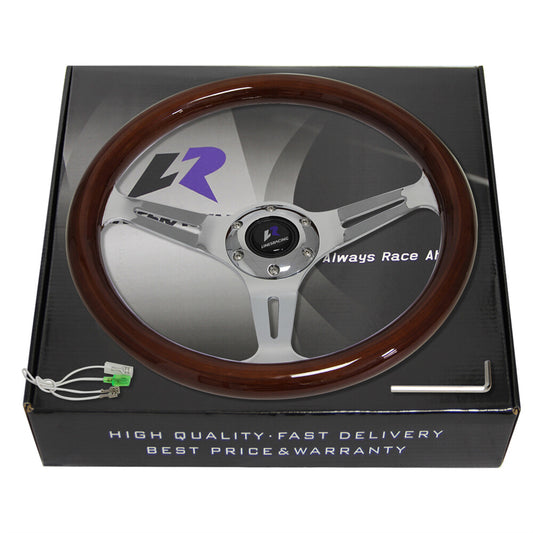 Universal 14 350mm Wood Grain Steering Wheel 6 Bolts 1.75 Dish 3-Spoke Wood