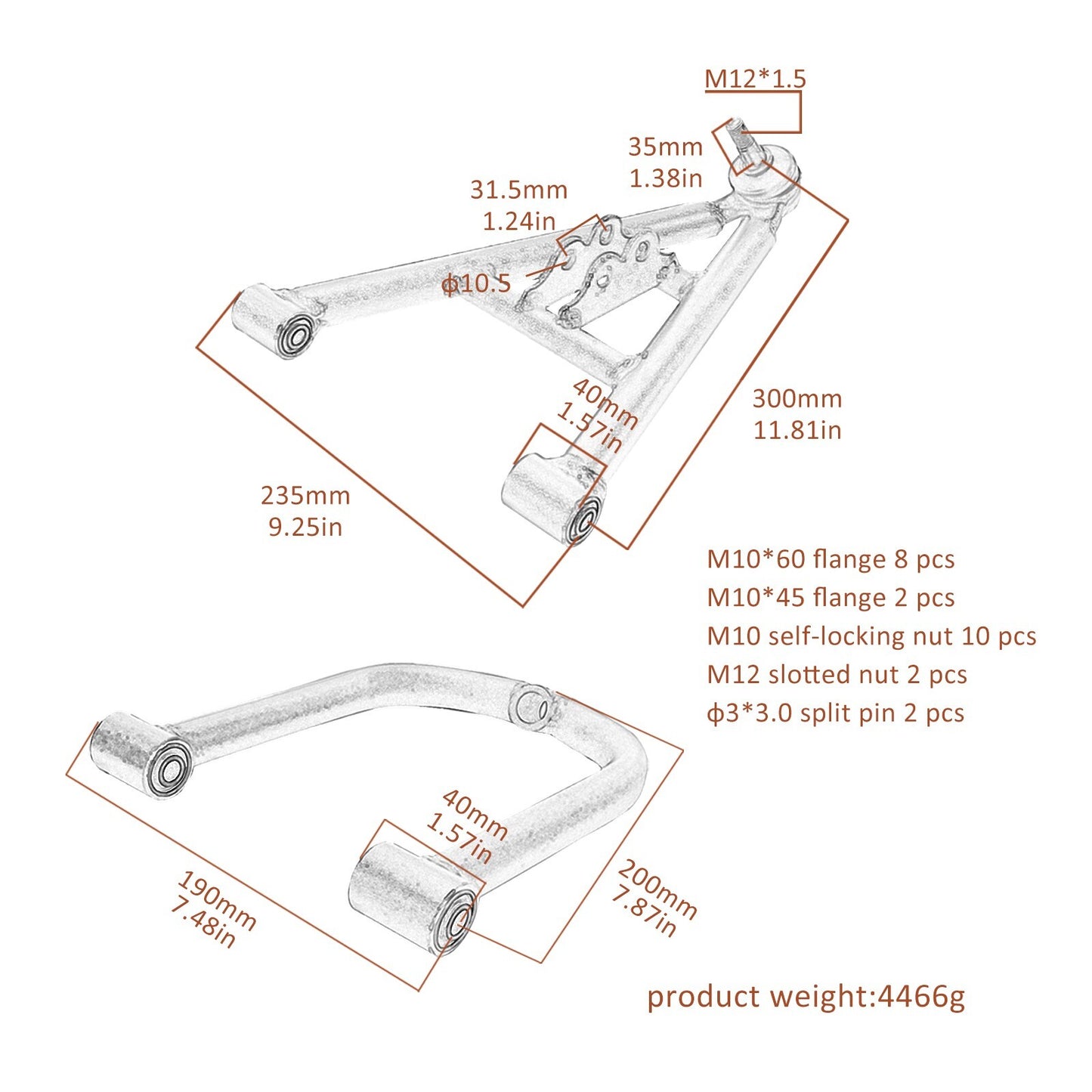 Front suspension upper/lower control arm assembly, tie rod, wheel hub, go-kart, all-terrain vehicle