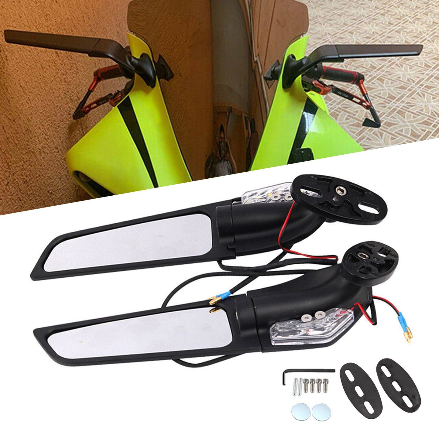 2X Universal Motorcycle Rearview Side Mirror Wind Swivel Wing With LED Light AT