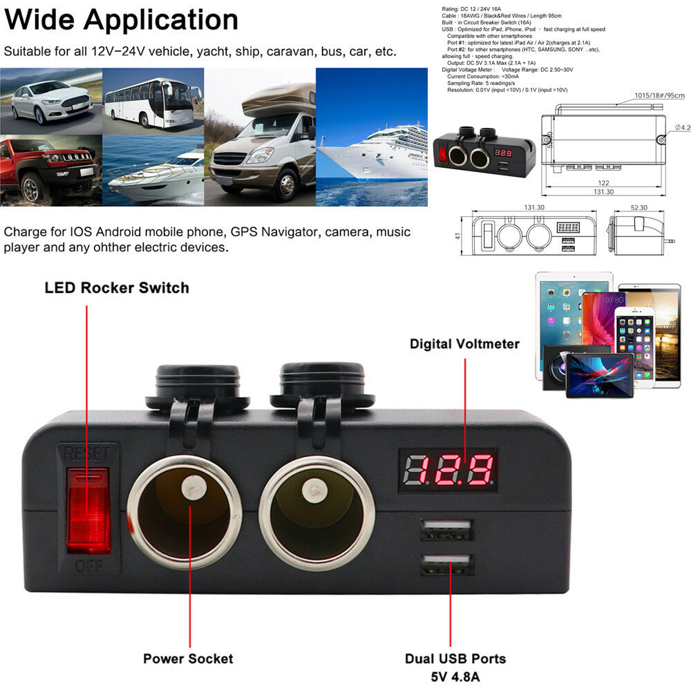 LED 12/24V Car Truck Fast Charger Socket with Dual USB Ports, Voltmeter and Rocker Switch n
