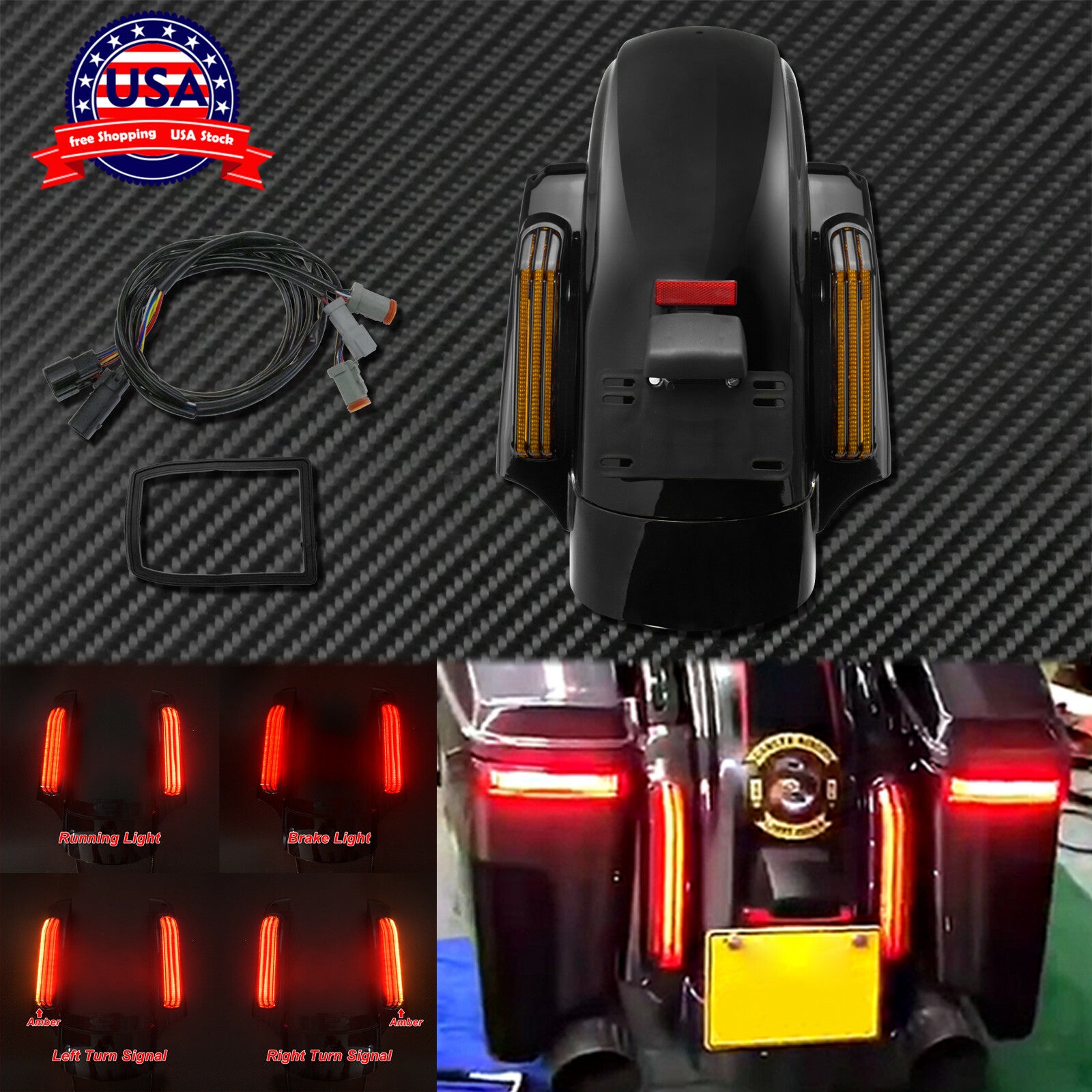 Motorcycle LED Rear Fender System W/Amber Lens Fit for Harley Touring 2014-2020