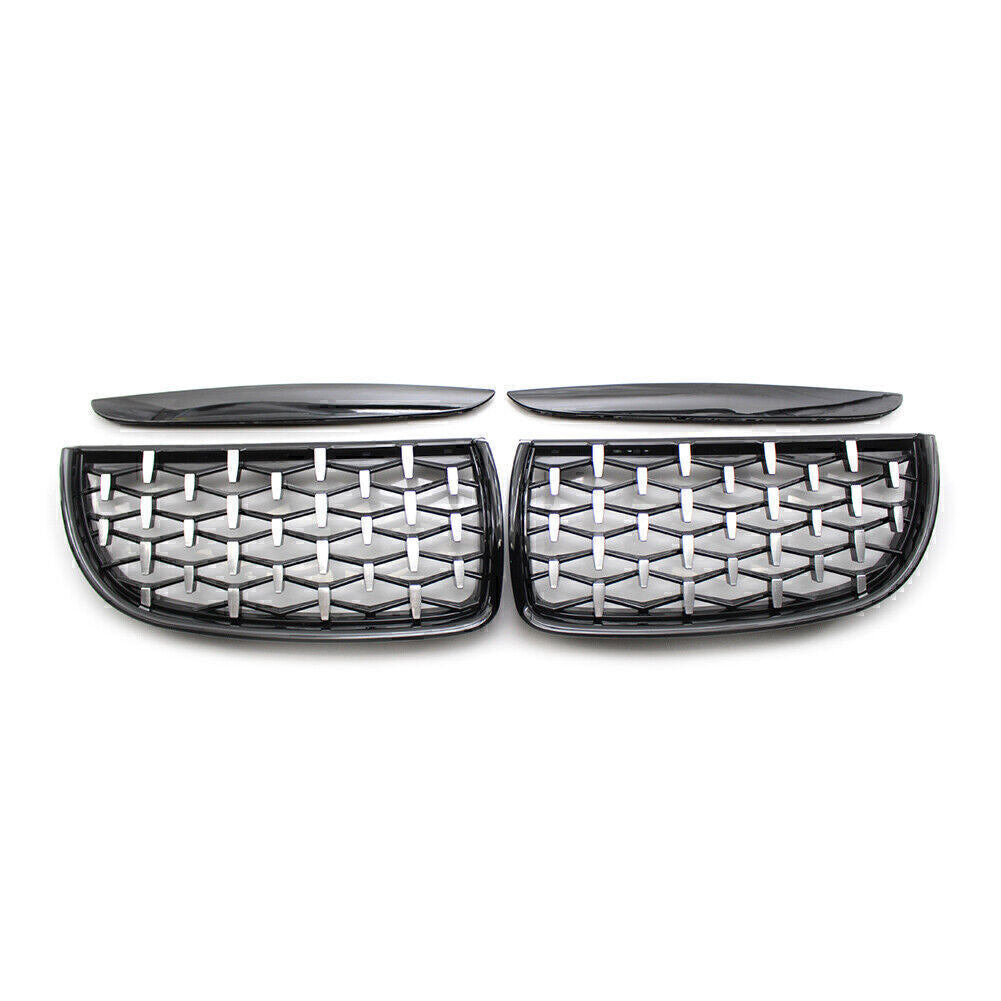 for BMW E90 2005-08 2x Front Black Frame Chrome Grille Diamond Meteor Style