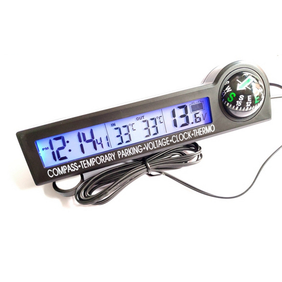 Car Digital Campass Clock Thermometer Voltage Meter LCD Backlight Icing Alarm