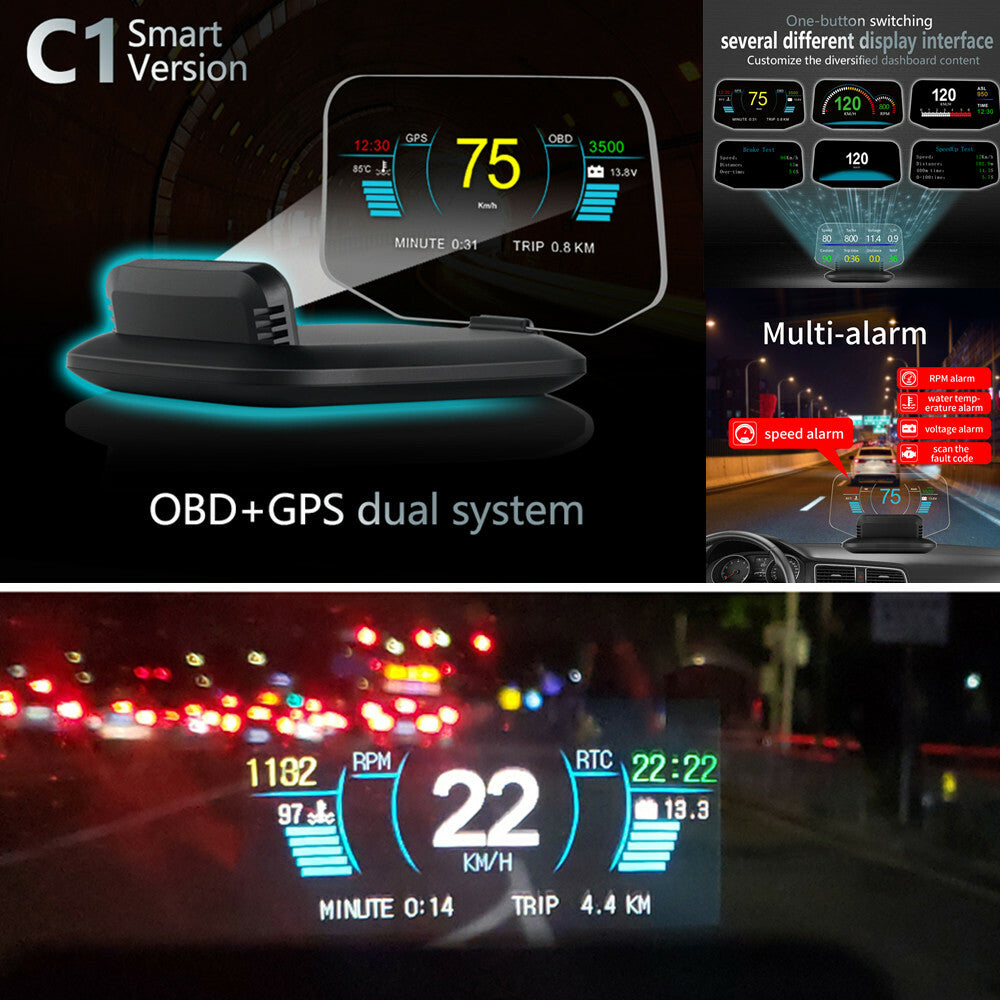 Car Head-Up Display (HUD) Speed/rpm/Voltage Warnings, OBD2 GPS, Fuel Fault Code Scan - n