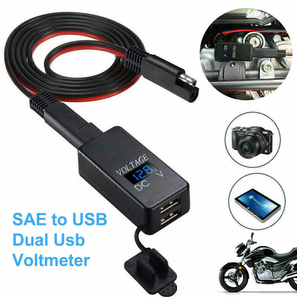 Motorcycle SAE to USB Cable Adapter Dual USB Port GPS Phone ChargerVoltmeter KY