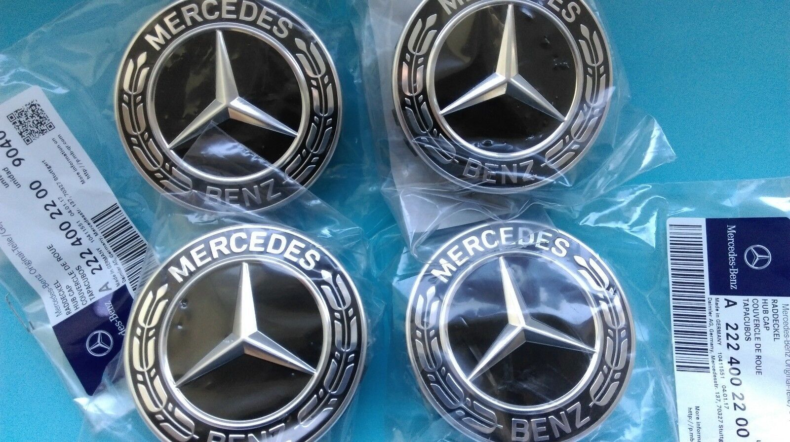4-piece for Mercedes-Benz alloy wheel center cap set, black, A22240022009040