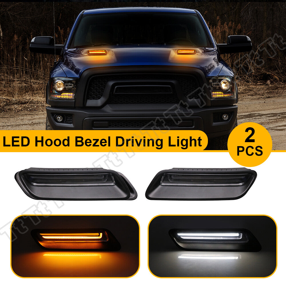 2pcs Sequential LED Range Hood Bezel Trim Driving Lights for 10-22 for Dodge for Ram 1500 Classic - v