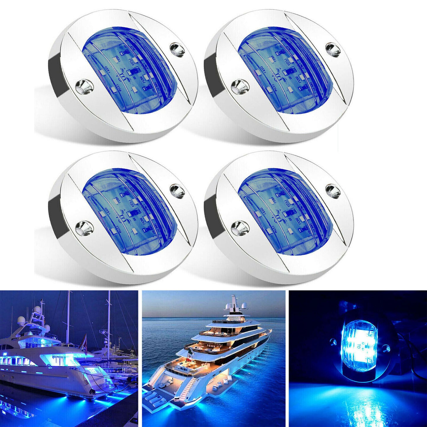 4-Piece Blue Round Ocean Boat LED Courtesy Light Cabin Deck Stern Navigationin n