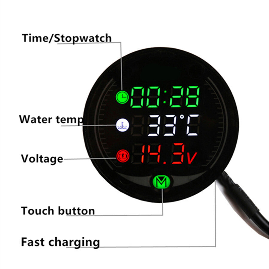 Motorcycle Water Temp Gauge Temperature Voltmeter Clock 18mm Sensor USB Charging Q