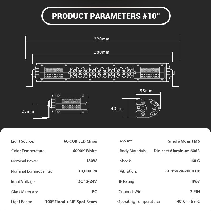 10inch 180W LED Dual Row Super Slim LED Light Bar for Truck Offroad ATV