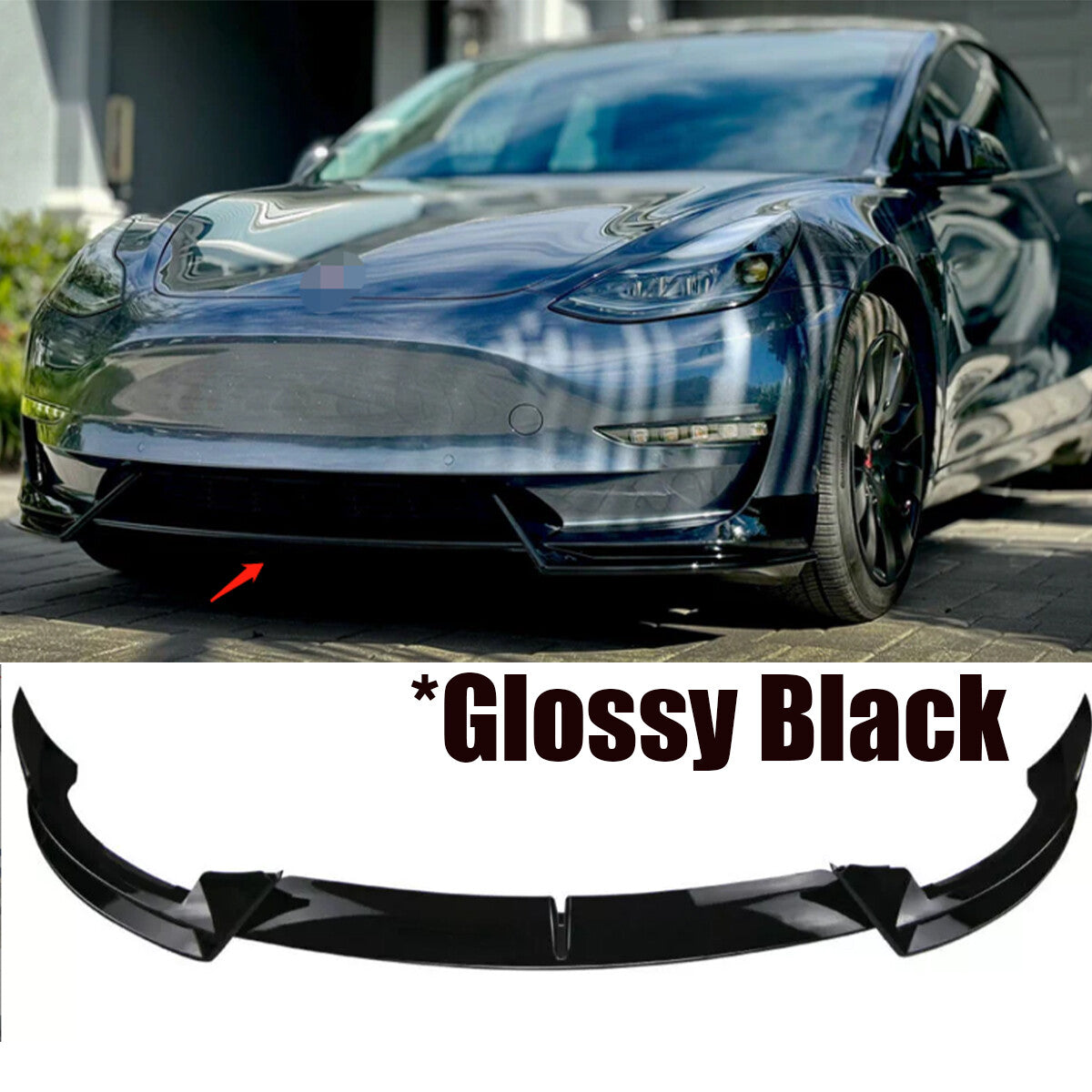 Front bumper splitter, gloss black ABS, for Tesla Model 3 2017-2023. Q