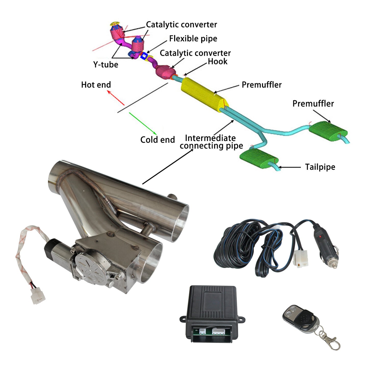 Universal SS 304 3 Electric Exhaust Valve Downpipe Catback Dual-Valve Remote
