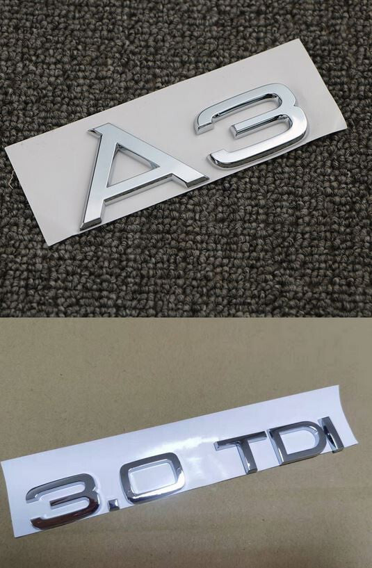 Rear badge, trunk boot badge sticker, lettering, chrome silver, suitable for Audi A3 3.0 TDI