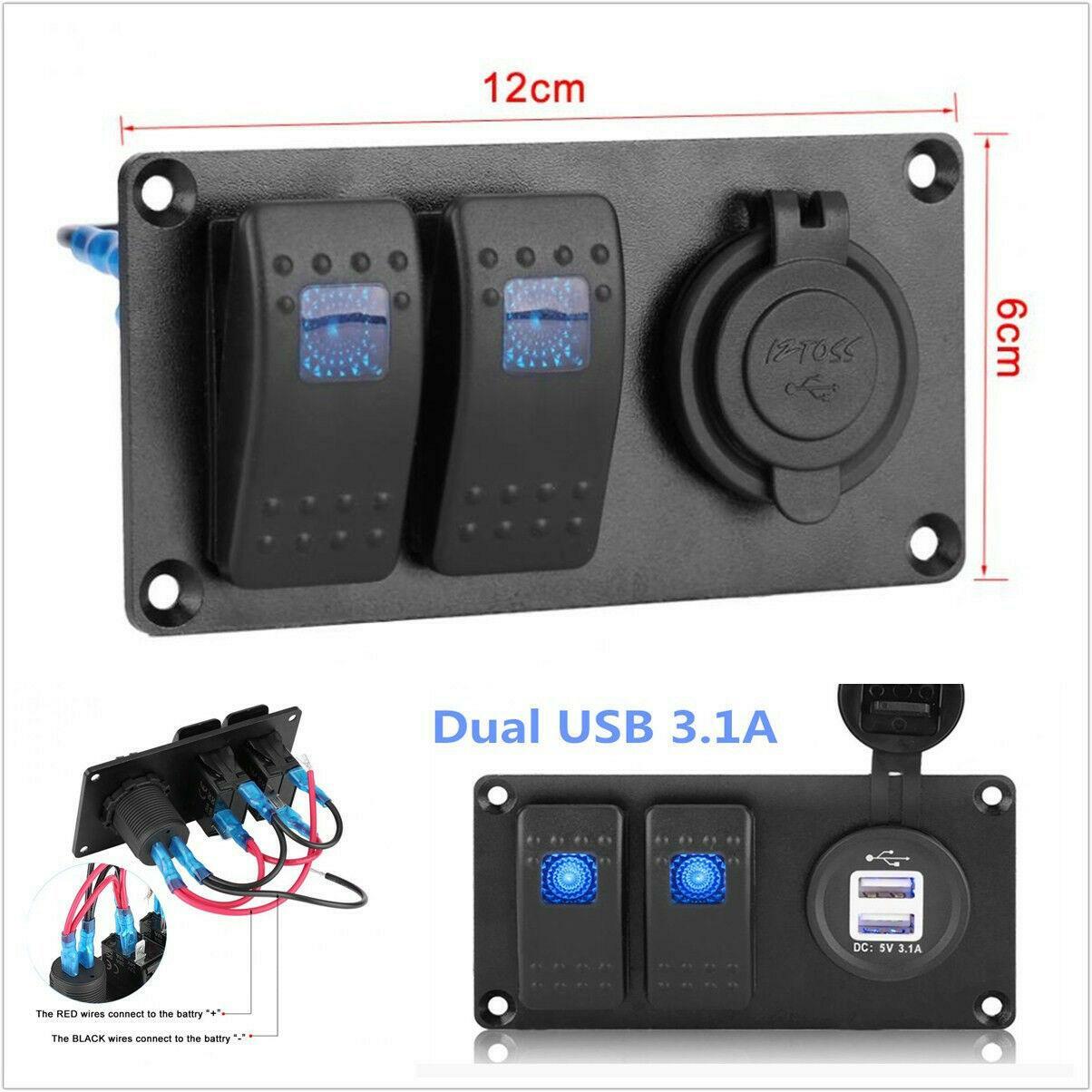 Blue LED Dual USB Port Automotive & Marine Rocker Switch Panel Circuit Breaker 3-Pin Multi-Function n