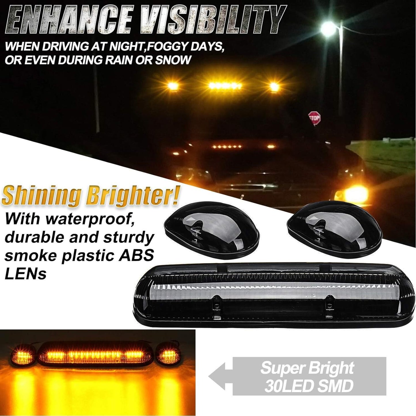 3-pack for 02-07 Silverado for GMC for Sierra Amber Smoke Top Marker LED Lights n