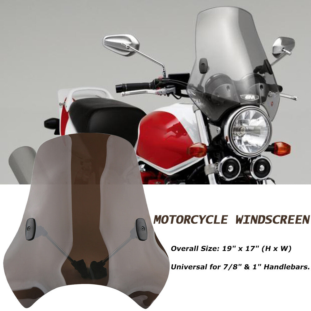 Large 19x17Universal Motorcycle Windshield 7/8  1Handlebars Windscreen Smoke Q